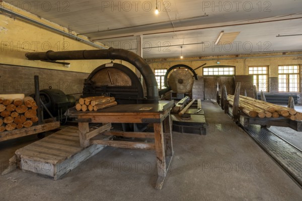 Historic circular saws and tree trunks, former paper factory and mill for the production of