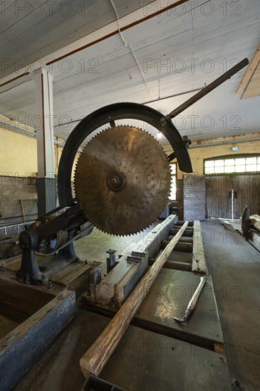 Large historic circular saw and log, former paper factory and mill for the production of groundwood