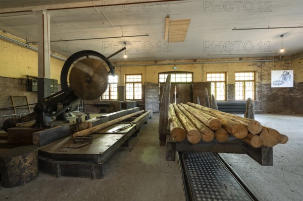 Large historic circular saw and railway carriage with logs, former paper mill and mill for the