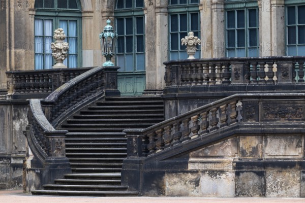 Massive stone staircase in the inner courtyard of the Residenzschloss, Old Town, Dresden, Saxony,