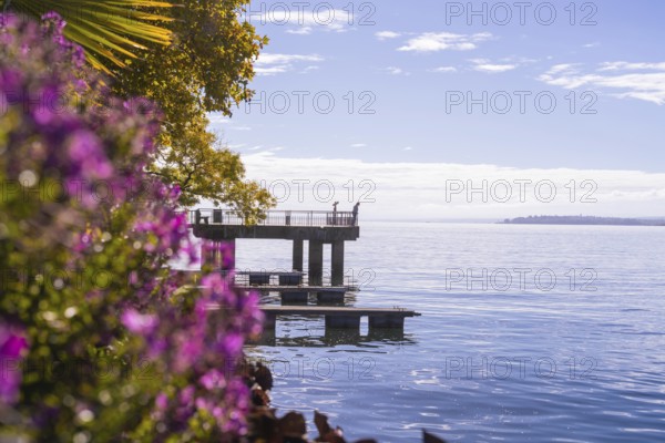 Colourful jetty by the water with flowers in the foreground and calm sky, Überlingen, Lake