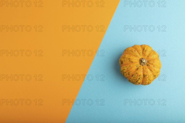 Orange Pumpkin on orange and blue pastel paper background. Top view, copy space, flat lay. healthy