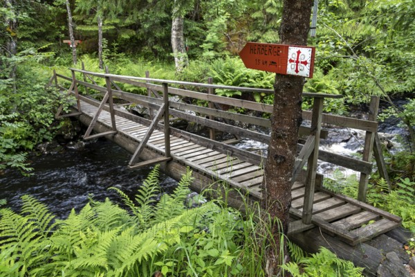 Narrow wooden bridge over a river in a green forest with a signpost to a hostel, Olav's Cross,