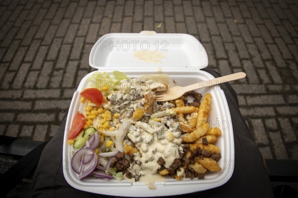 Styrofoam box with fries, vegetables, gyros and sauce, and a wooden fork, fast food, Eidsvoll,