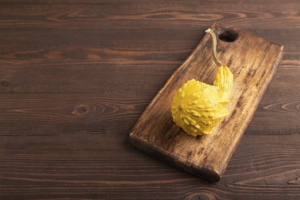 Decorative orange Pumpkin on cutting board on brown wooden background, side view, copy space,