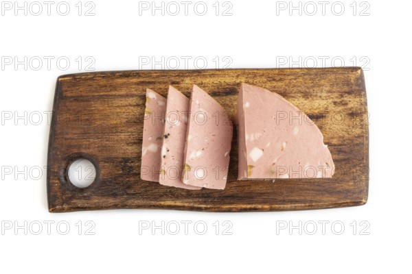 Mortadella sausage on wooden cutting board with pepper and herbs isolated on white background. Top