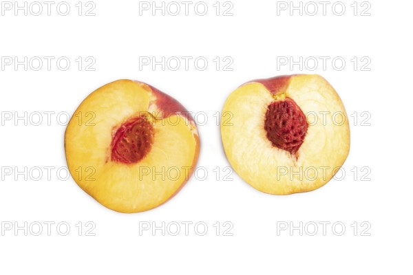 Peach Cut in half isolated on white background. Top view, flat lay, close up. healthy food,