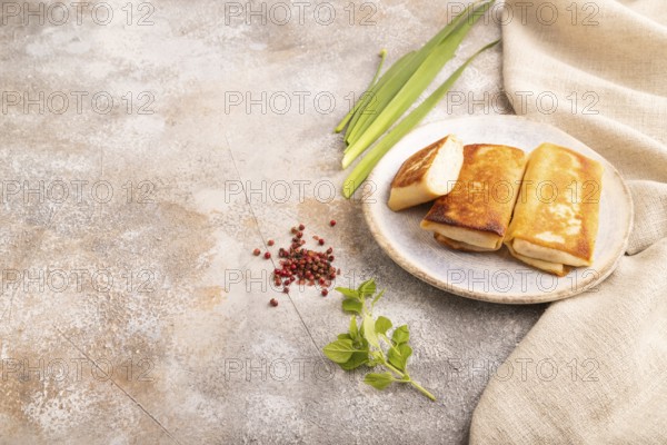 Fried crispy pancakes with meat and cheese on brown concrete background and linen textile. side