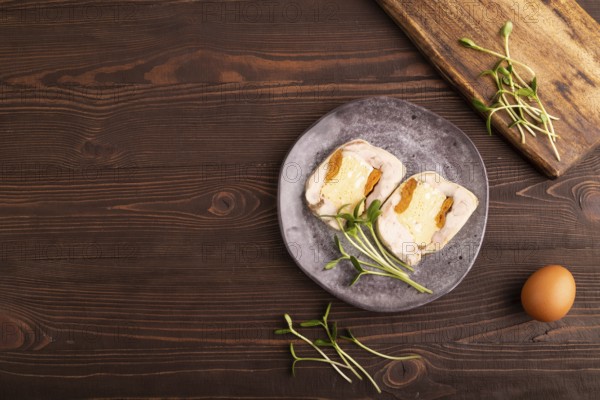 Chicken, egg and dried apricot meatloaf, microgreen on brown wooden. Diet, healthy eating. top