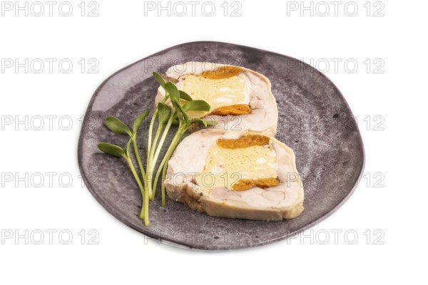 Chicken, egg and dried apricot meatloaf isolated on white. Diet, healthy eating. side view, copy