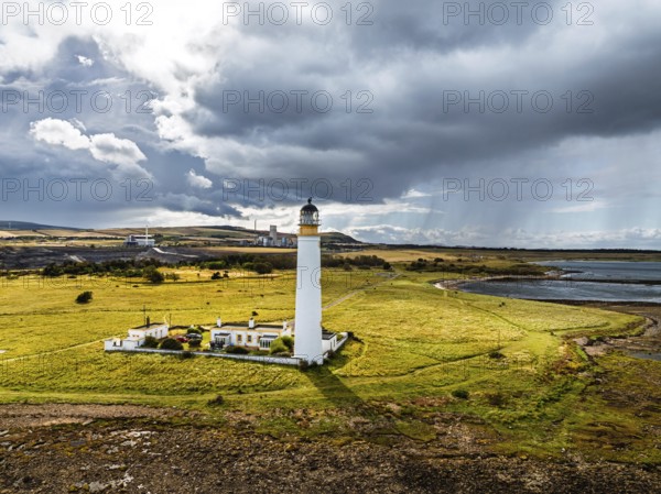 Rain Clouds over Barns Ness Lighthouse from a drone, Dunbar, East Lothian, Scotland, UK