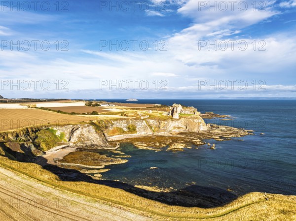 Ruins of Tantallon Castle from a drone, North Berwick, East Lothian, Scotland, UK