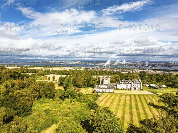 Dundas Castle over South Queensferry from a drone, Edinburgh, Scotland, UK