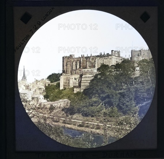Colorised magic lantern slide by Poulton of Durham cathedral church, River Wear, Durham, England,