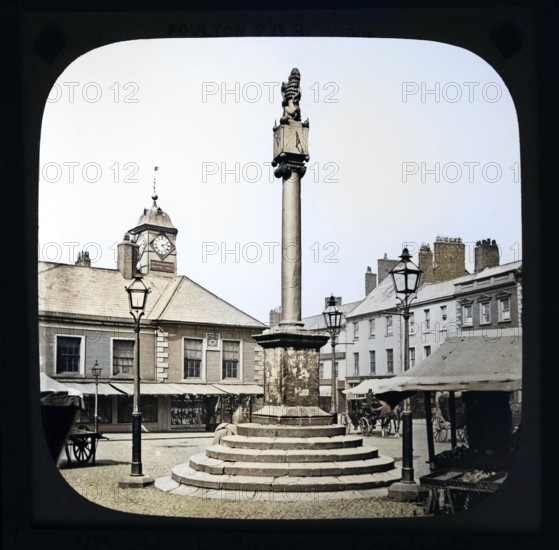 Colorised magic lantern slide by Poulton of market cross monument, Carlisle, Cumbria, England, UK c