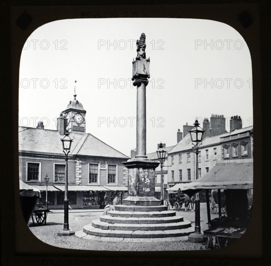 Magic lantern slide by Poulton of market cross monument, Carlisle, Cumbria, England, UK c 1900