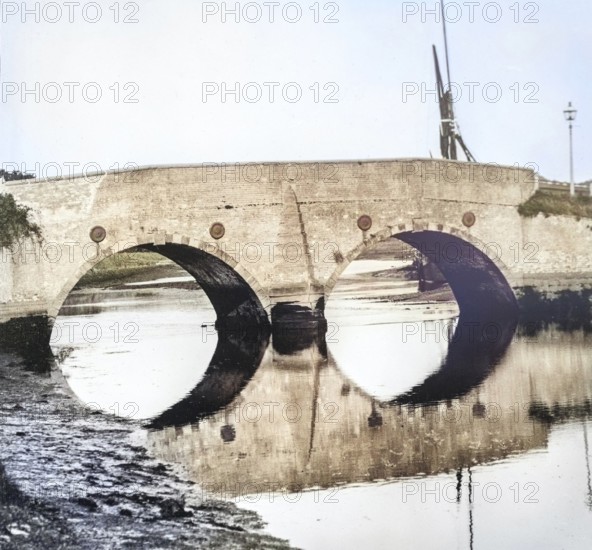 Colourised magic lantern slide of bridge crossing River Deben at Wilford Bridge, Melton, Suffolk,