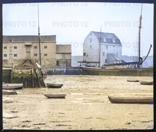 Colourised magic lantern slide of the Tide Mill and River Deben at Woodbridge, Suffolk, England, UK