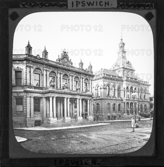 Magic lantern slide of Post Office and Corn Exchange buildings, Ipswich, Suffolk, England, UK c