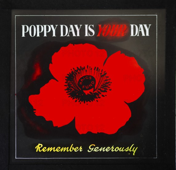Magic lantern slide used in cinemas for advertising about the Haig's Fund poppy day appeal, UK c