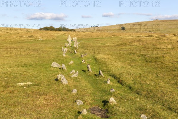 Rows of standing stones at Merrivale prehistoric ceremonial complex Dartmoor national park, Devon,