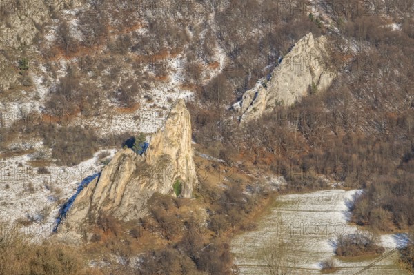 Cervenokamenské cliff (cervenokamenske bradlo), a huge rock at a mountain with bushes, trees and