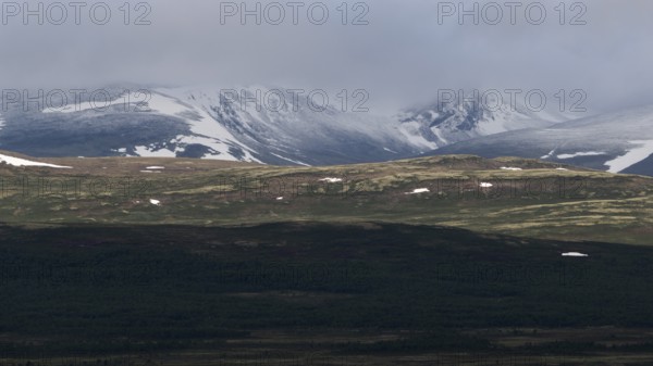 Blick auf schneebedeckte Berggipfel, Wolken, Olavsweg, Olavsleden oder Pilgrimsleden, Dovrefjell,