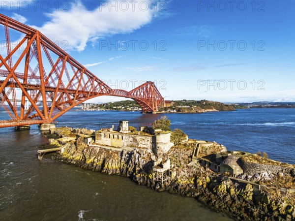 Inch Garvie Castle from a drone, Forth Bridge, Queensferry Crossing, Forth Estuary, Scotland,