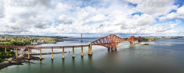 Panorama of Forth Bridge from a drone, Queensferry Crossing, Forth Estuary, Scotland, United