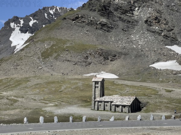 View of Christian chapel mountain chapel Chapelle Notre-Dame-de-Toute-Prudence next to pass summit