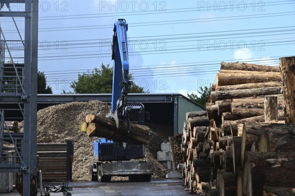 Wood storage and mechanical log transport on the premises of Energie-Mann in the Westerwald. Wood