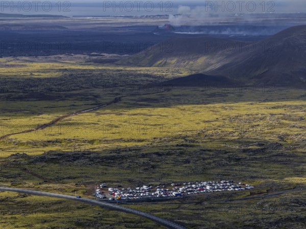 Lava, lava field, summer, cloudy, sunny, volcanic eruption, aerial view, tourists, car park, July