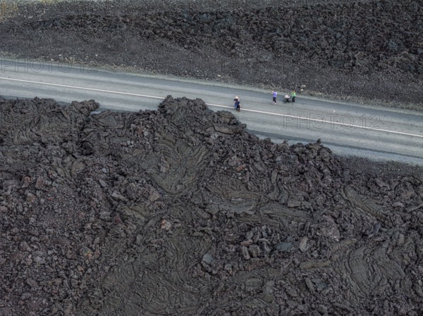 Lava, lava field, road, destroyed, summer, cloudy, sunny, aerial view, tourists, Blue Lagoon,