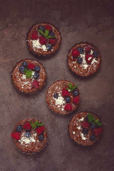 Chocolate tartlets, stuffed with cottage cheese and berries, breakfast, homemade, no people