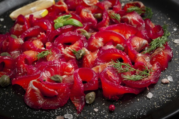 Salmon gravlax with beetroot, Scandinavian snack, beet gravlax, lightly salted fish, homemade, no