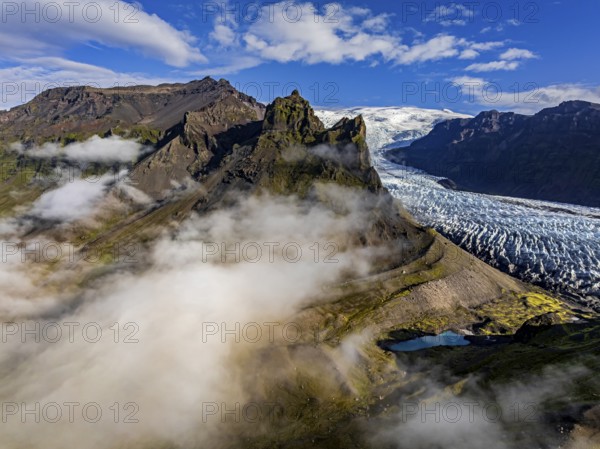 Glacier, glacier tongue, sunny, morning mood, mountains, fog, aerial view, summer, Kviarjökull,