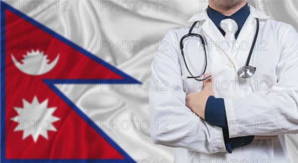 Male doctor with stethoscope on Maldivian flag. Doctor holding stethoscope on Maldives flag