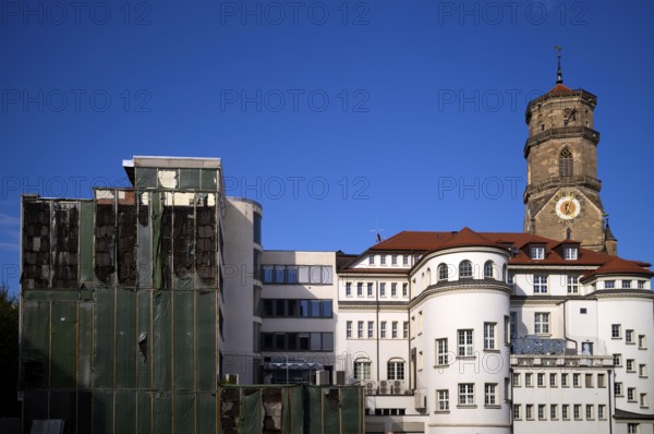 Construction site, controversial building project of René Benko's insolvent Signa company, logo,