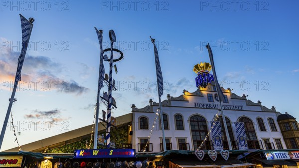 The Hofbräu marquee in the evening light, Festwiese, Theresienwiese, Oktoberfest, Munich, Upper