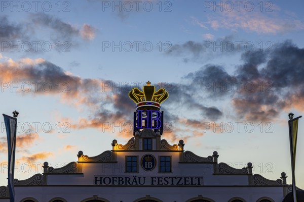 Illuminated crown of the Hofbräu marquee in the evening light, Festwiese, Theresienwiese,