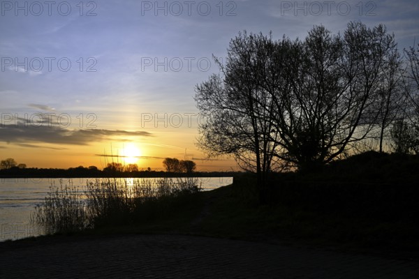 Sunrise at the ferry pier in Xanten, Lower Rhine, North Rhine-Westphalia, Germany