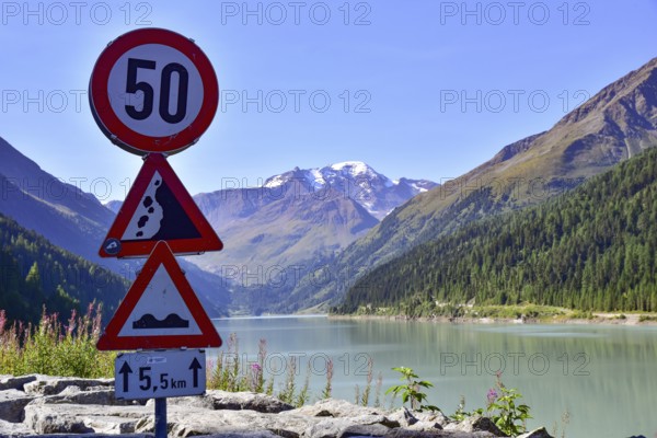 Reservoir in the Kaunertal in the Ötztal Alps, in the background the Weißseespitze (3498 m), Tyrol,