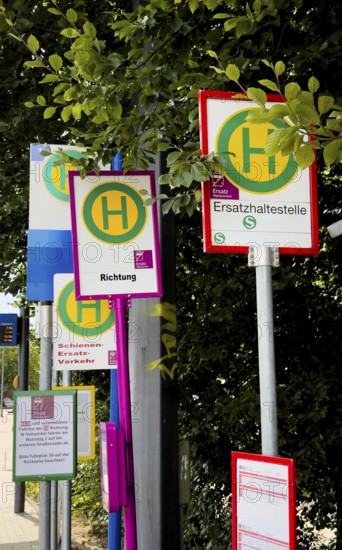 Many signs for rail replacement services due to construction work on Deutsche Bahn railway lines in