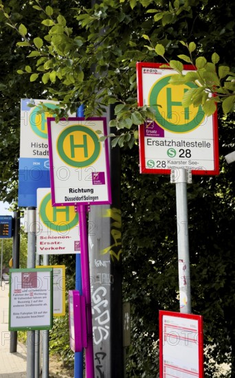 Many signs indicating rail replacement services due to construction work on Deutsche Bahn railway