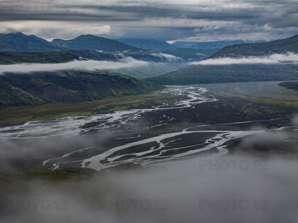 River, river course, river delta, mountains, clouds, summer, aerial view, Hvannagil, south-east