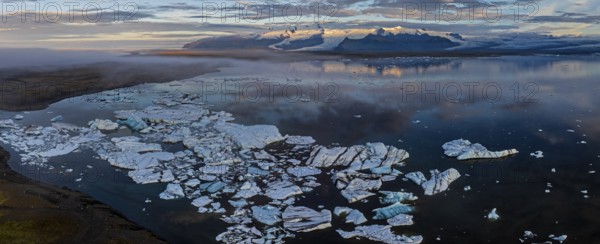 Ice floes, glacier, glacier tongue, fog, clouds, morning mood, mountains, panorama, reflection,