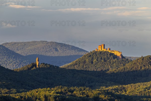 View of Trifels Castle and Anebos Castle, mixed forest, Annweiler, Pfläzerwald,