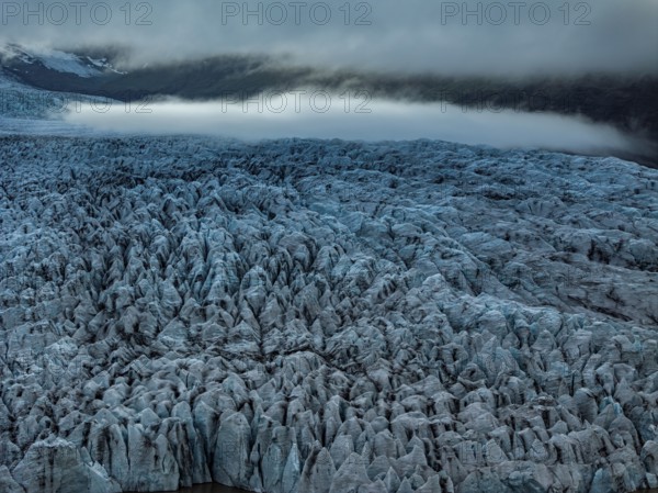 Glacier, glacier tongue, summer, evening mood, clouds, aerial view, Fjallsjökull, Vatnajökull