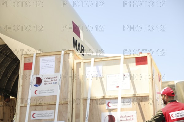A Qatari plane carrying humanitarian and medical aid arrives at Damascus International Airport as