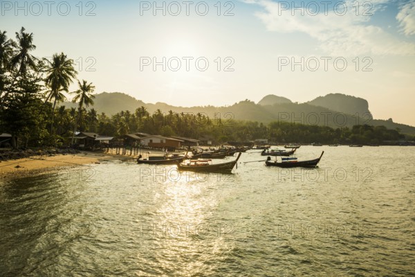 Fishing huts on the beach, sunset, Koh Mook, Trang province, southern Thailand, Andaman Sea,